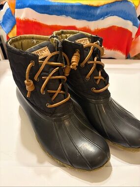 Sperry Black Quilted Duck Boots with Tan Laces